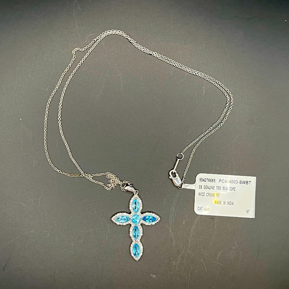 Genuine Blue Topaz Sterling Silver Cross Pendant Necklace 18” length NWT